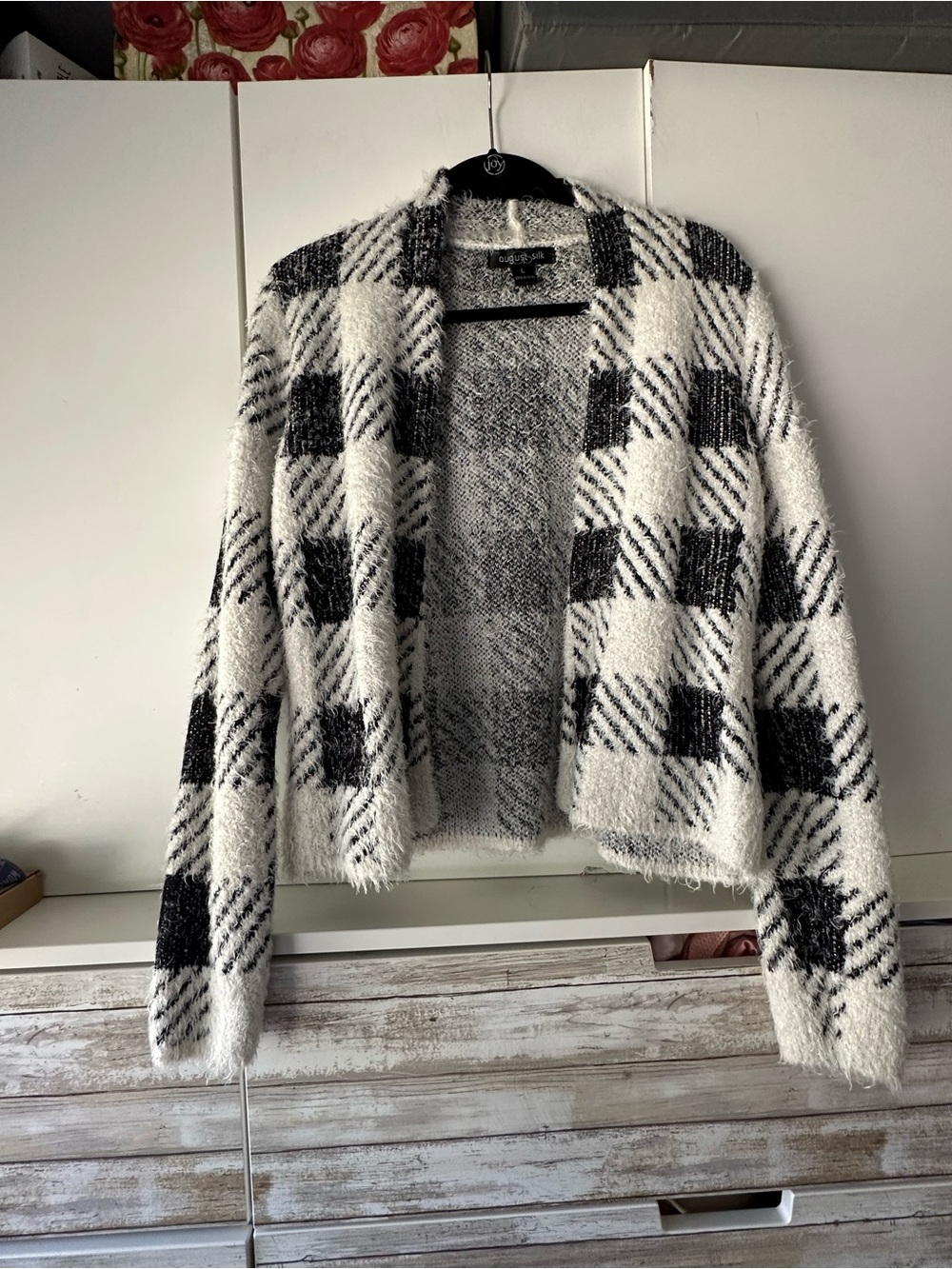 🖤 August Silk Black White Plaid Fuzzy Open Front Cardigan Women’s L